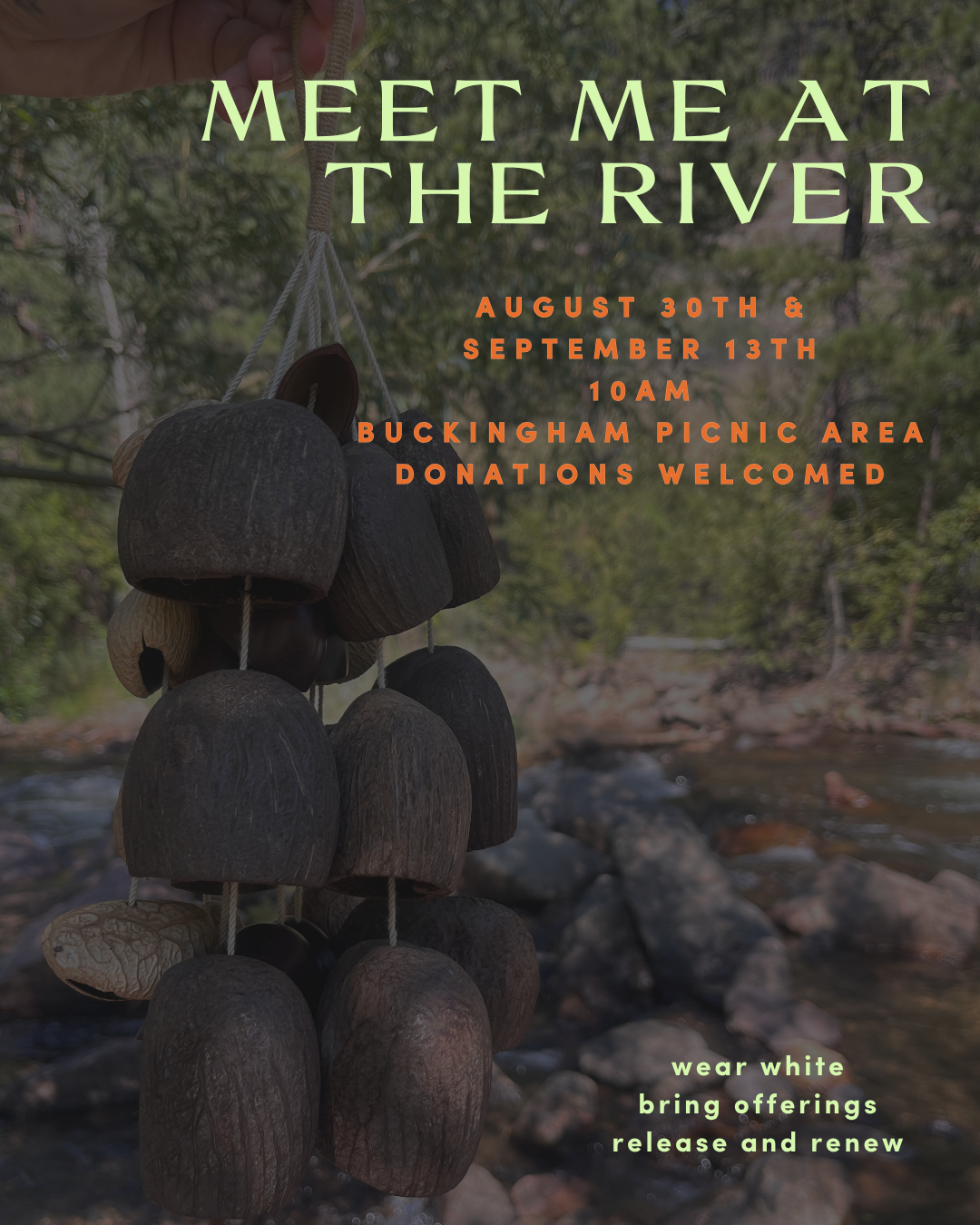 Shells held in front of a river with the basic information about the event