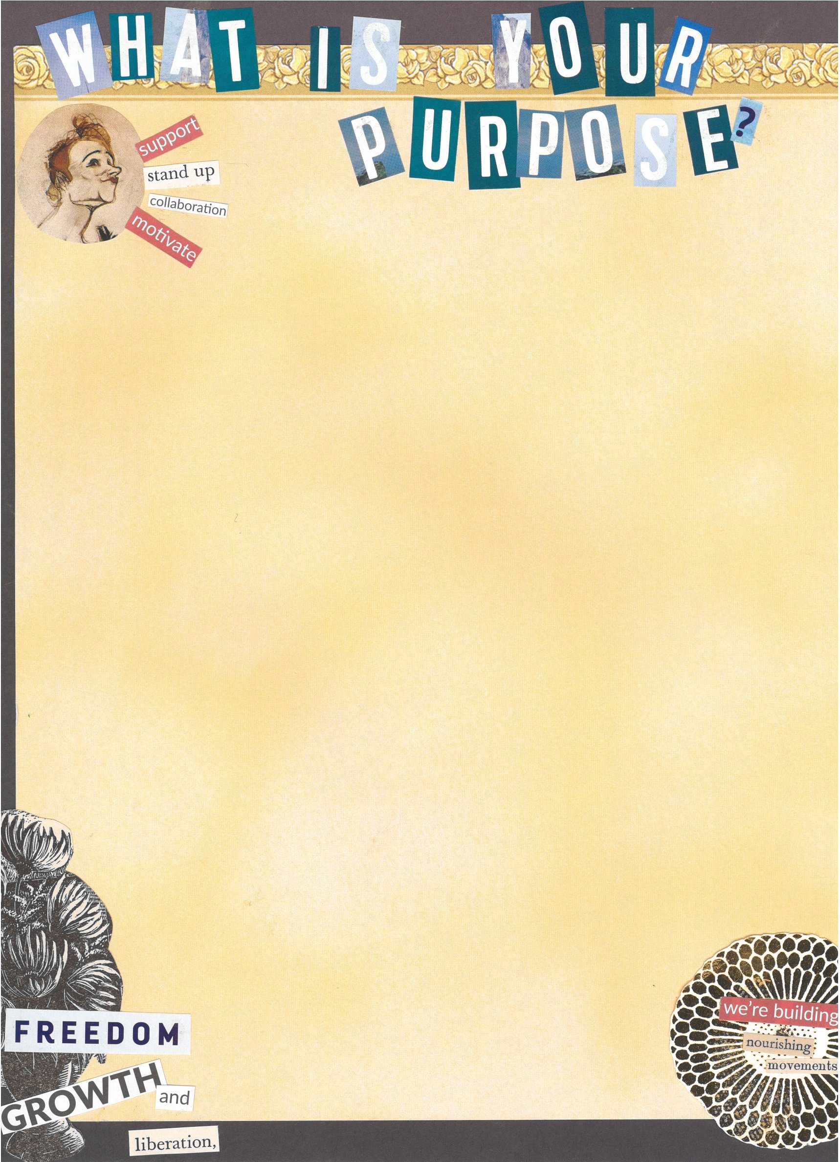 The right side of the collage is dominated by an artist’s articulated mannequin, arm outstretched to the left, holding a smaller figure with no head who is playing the piano. Against a background of starburst designs, cut out words form the following