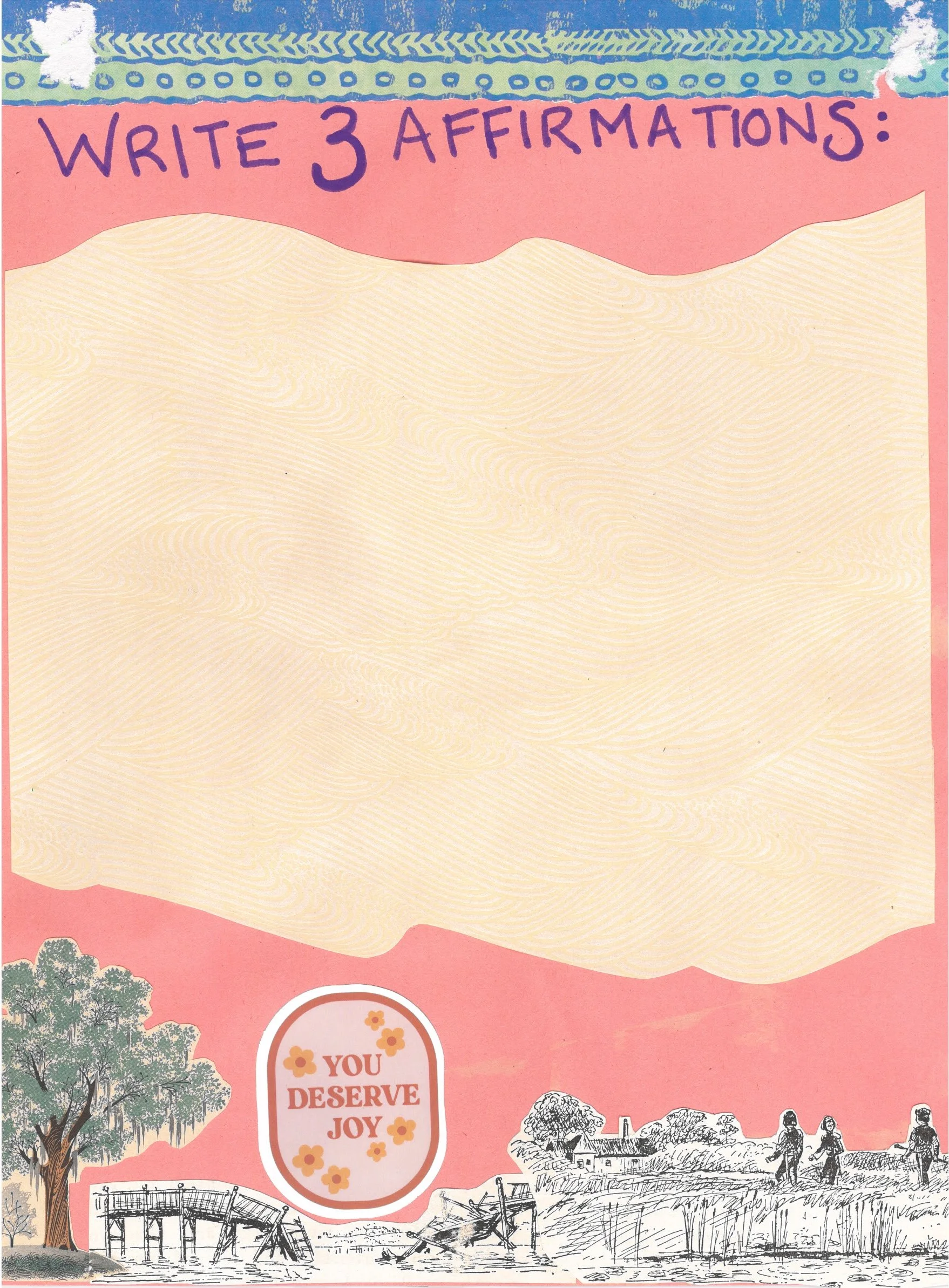 A largely blank page with a floral header on which is written, in cut-out letters, the prompt “What is your purpose?” Beneath this, in the top left corner of the open page, is an insert of a pensive fact with the words “support, stand up, collaborati