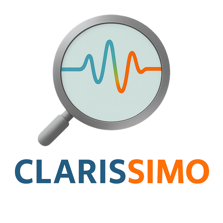 Magnifying glass with a heartbeat line and the word 'CLARISIMO' below it.