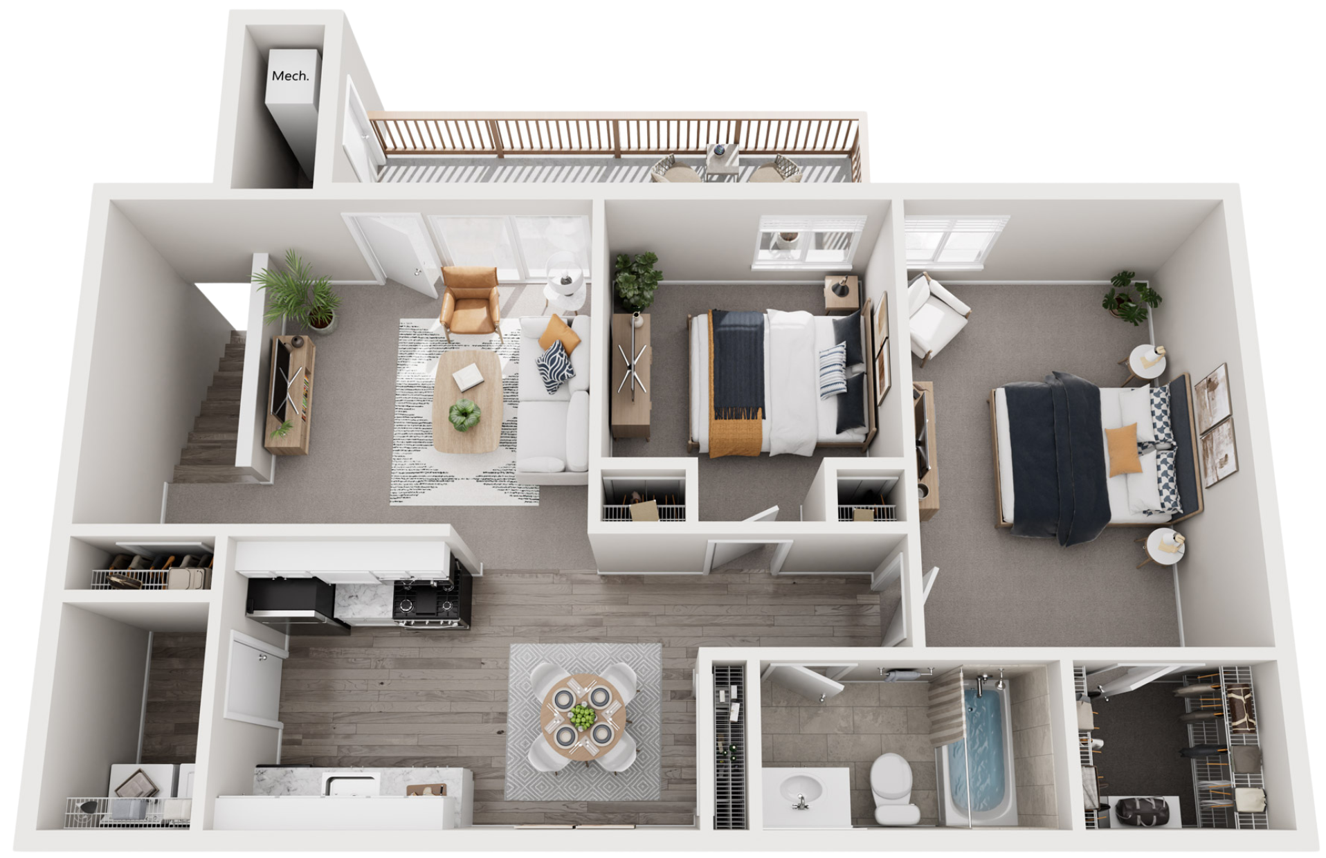 3D floor plan of a modern apartment featuring a living room, two bedrooms, a bathroom, a dining area, and an outdoor balcony.
