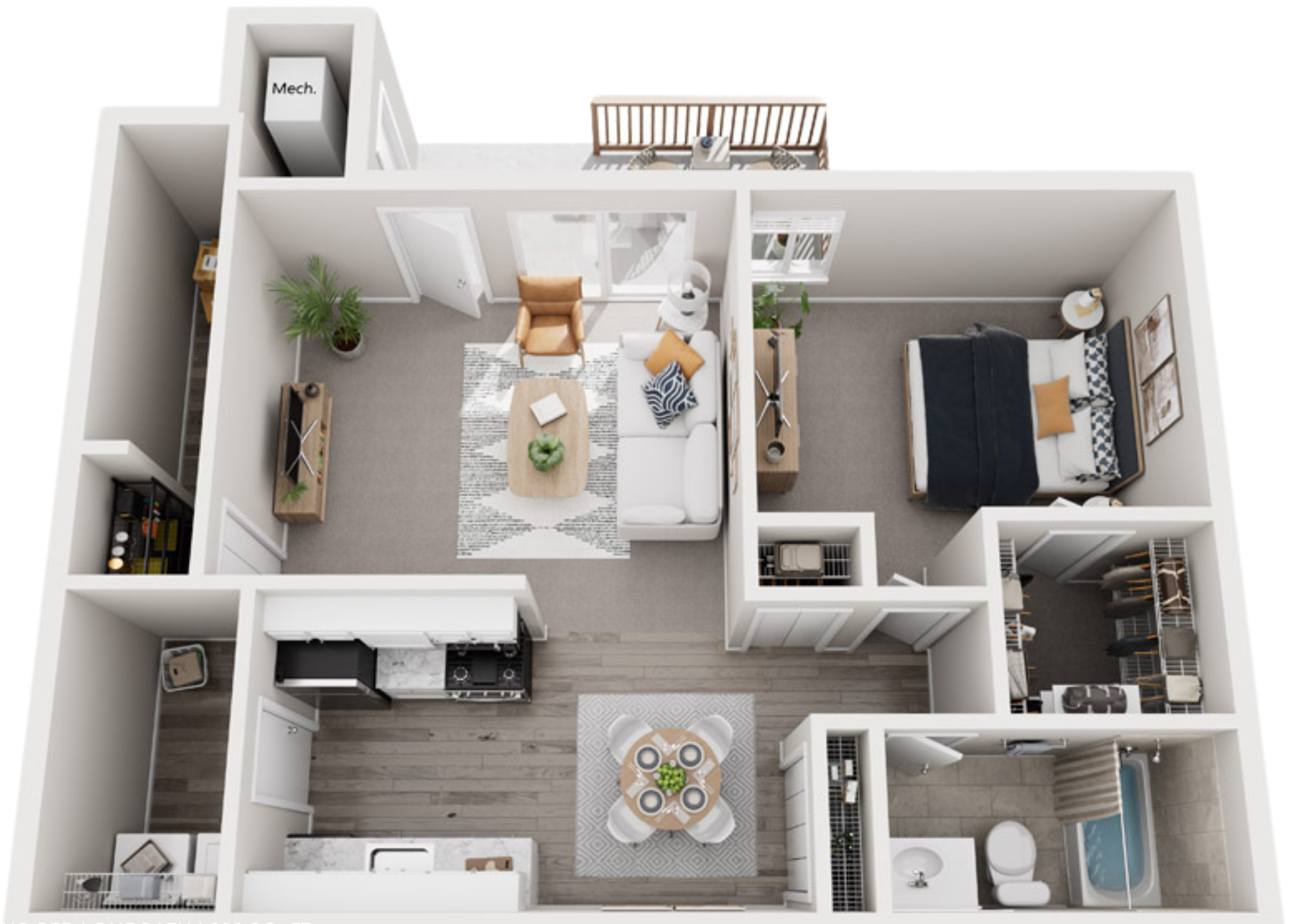A 3D floor plan of a one-bedroom apartment showing a bedroom, living room, kitchen, dining area, bathroom, and balcony.