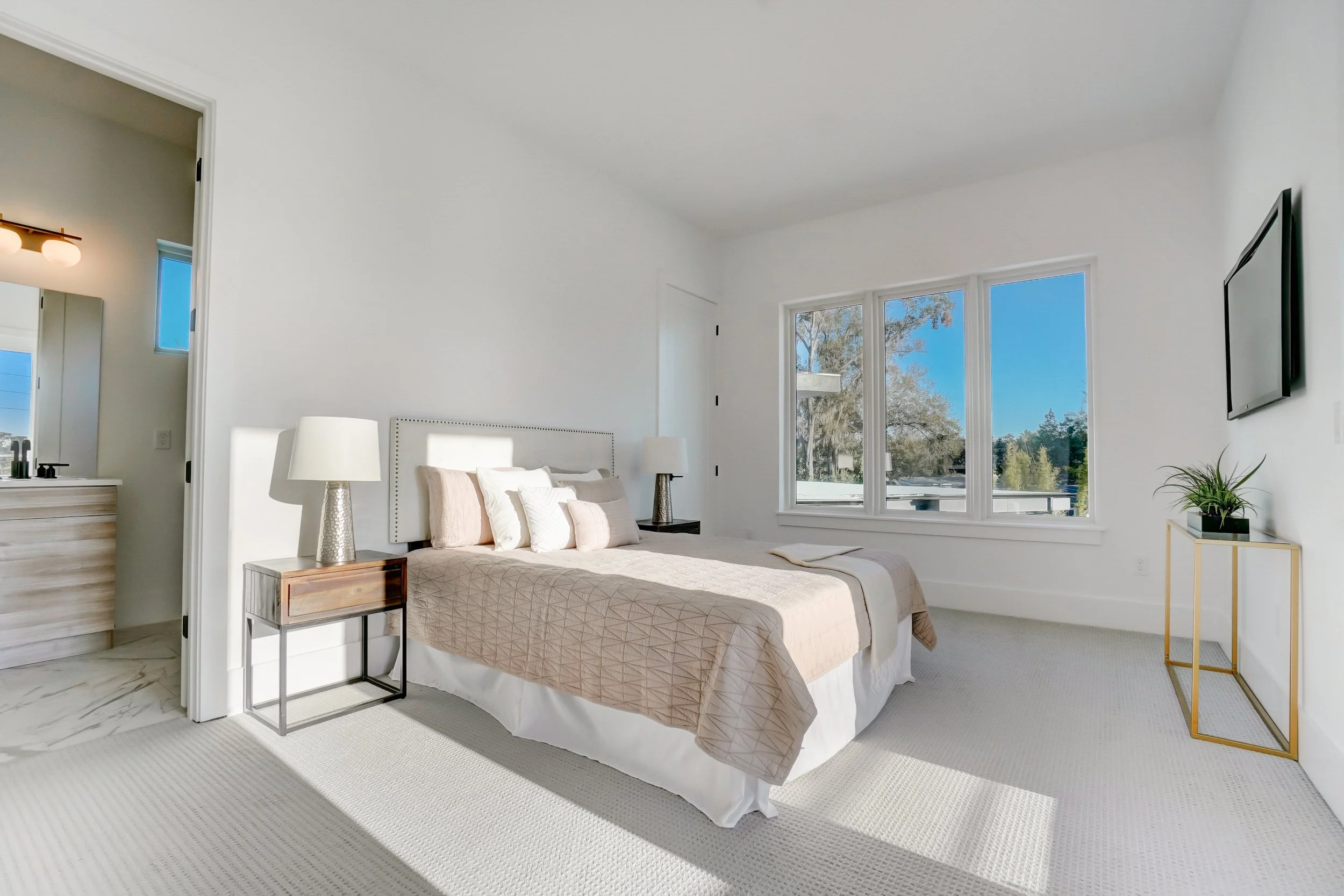 Modern bedroom with wall-to-wall carpet flooring and natural light