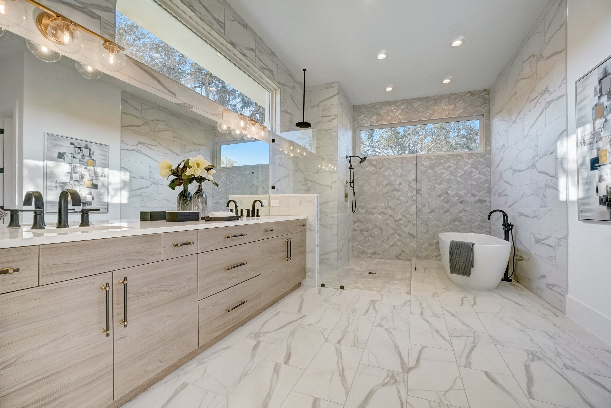 Modern bathroom with marble tile flooring and custom installation
