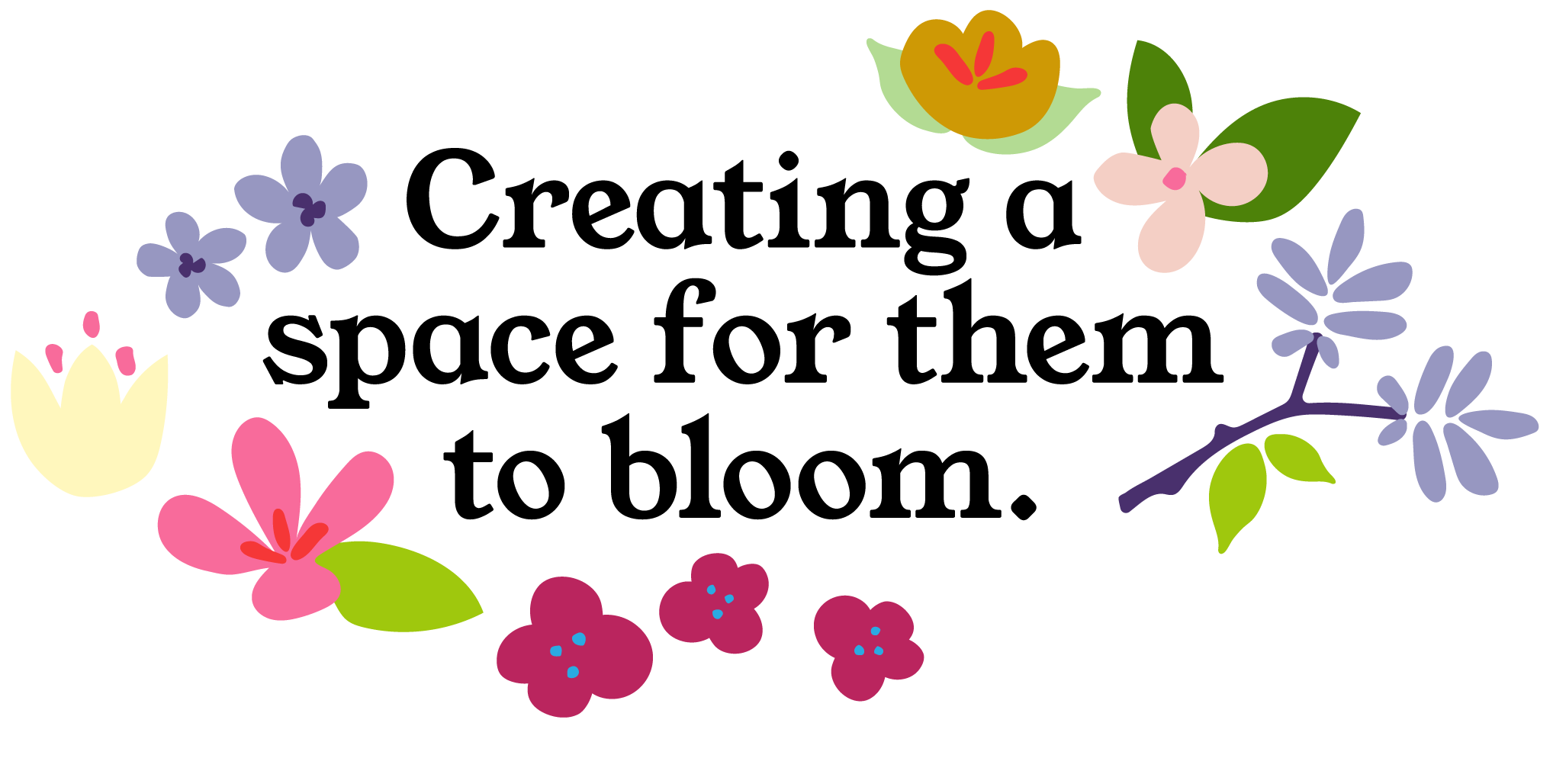 Colorful abstract floral design with various shapes and plant elements in shades of purple, pink, green, orange, and cream.