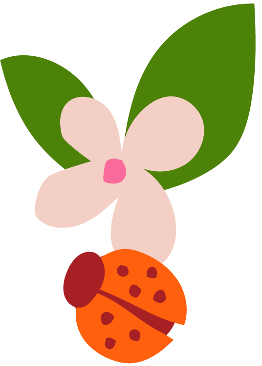 A cartoon ladybug with an orange body and black spots, a brown head, and pink wings, sitting under large green leaves.