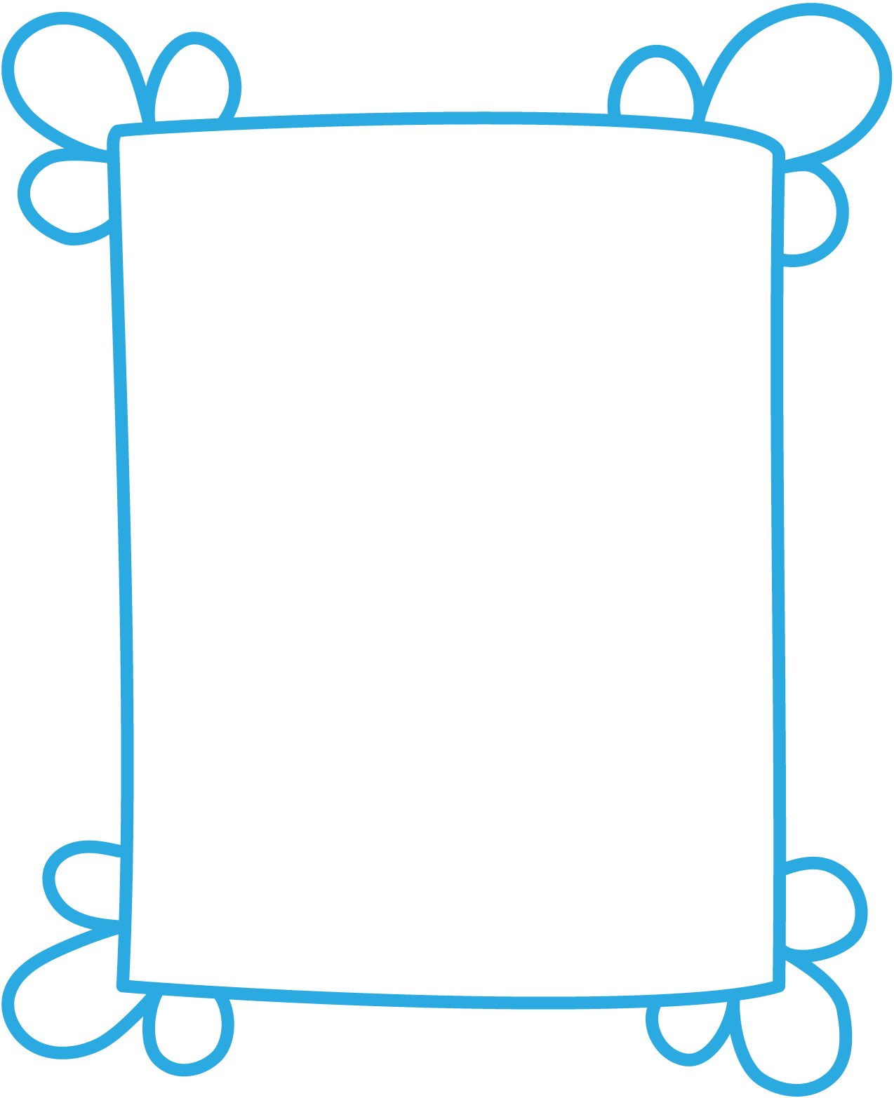 A simplistic drawing of a rectangular picture frame with a blue outline and decorative loops at each corner.