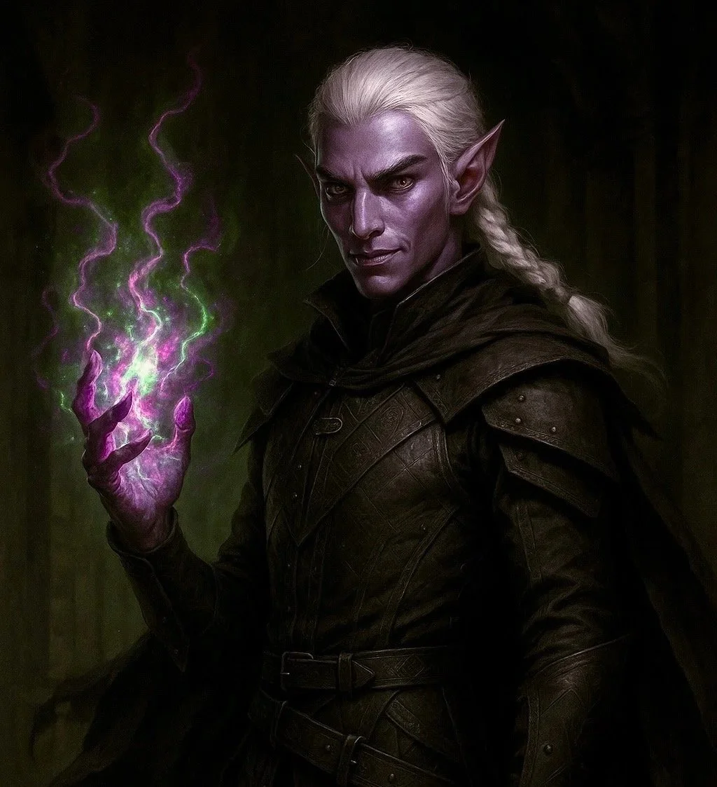 A character with pointed ears and platinum blonde hair, dressed in dark armor, holding purple and green magical energy.