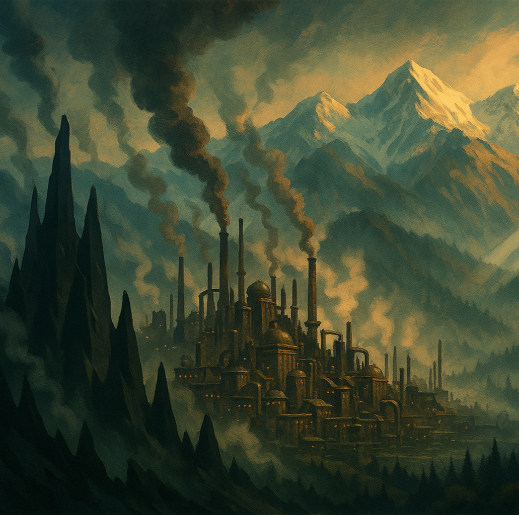 A dark, industrial city with numerous smokestacks emitting smoke, surrounded by tall, jagged mountains with snow-capped peaks in the background.