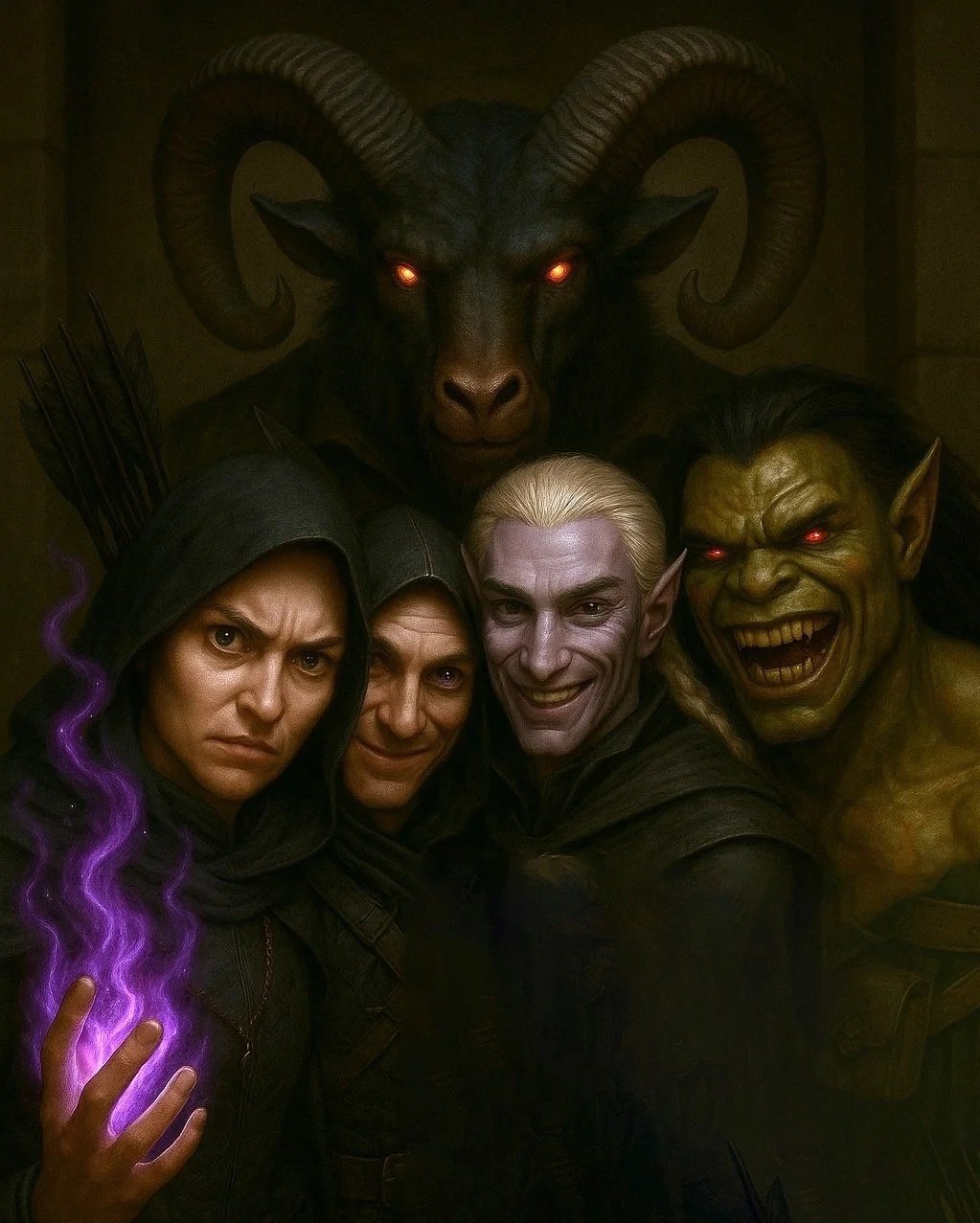 Costumed characters from 'The Lord of the Rings' or 'The Hobbit' in a dark setting, including a woman with purple magic effect, a man with dark hair and a hood, a blond man with pointed ears, and a green-skinned goblin or orc, along with a large horned demonic creature with glowing red eyes in the background.