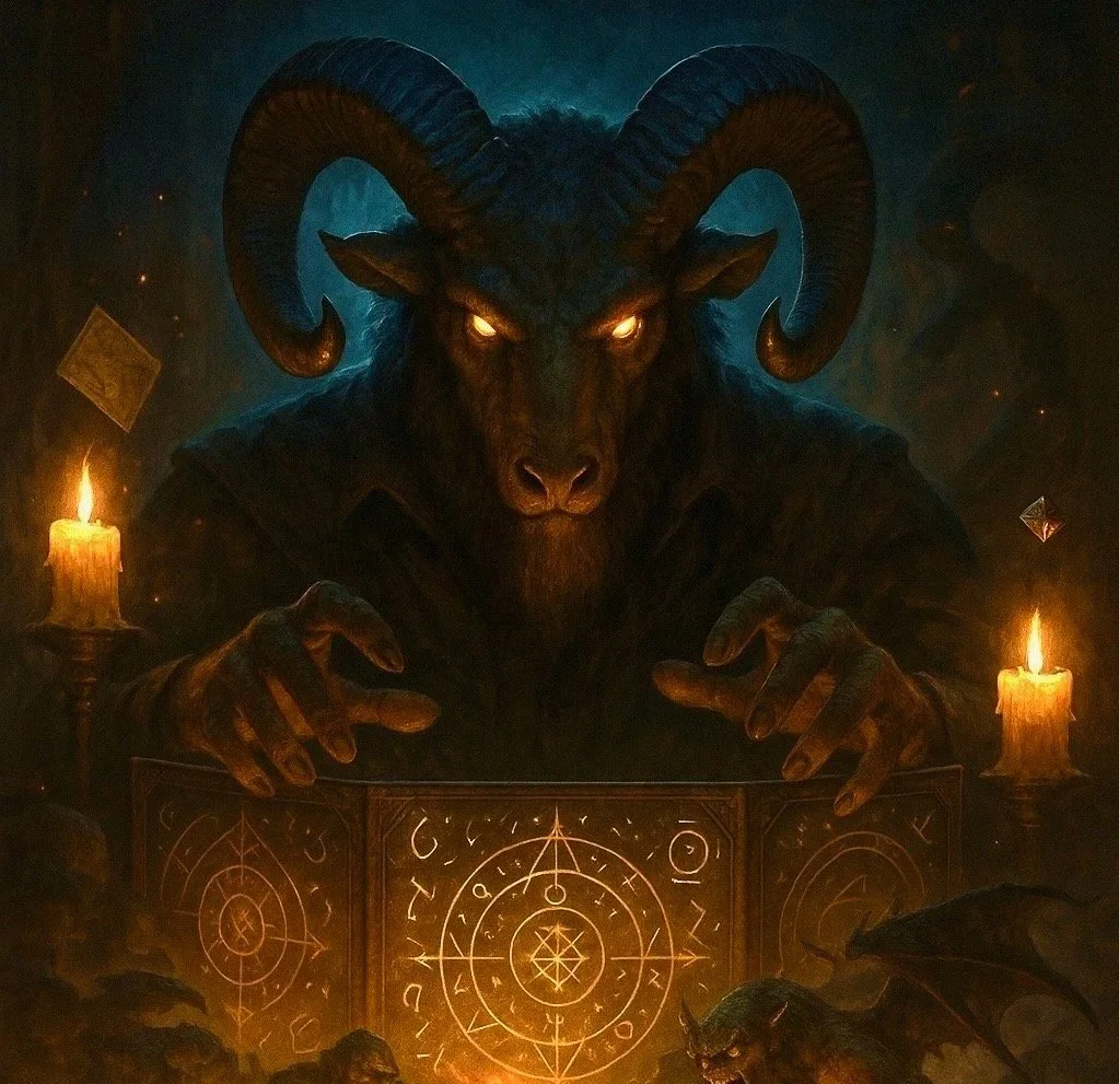 A minotaur with large, curved horns, glowing eyes, and dark fur, sitting in a dimly lit room, surrounded by candles, playing with glowing arcane symbols and mystical objects.