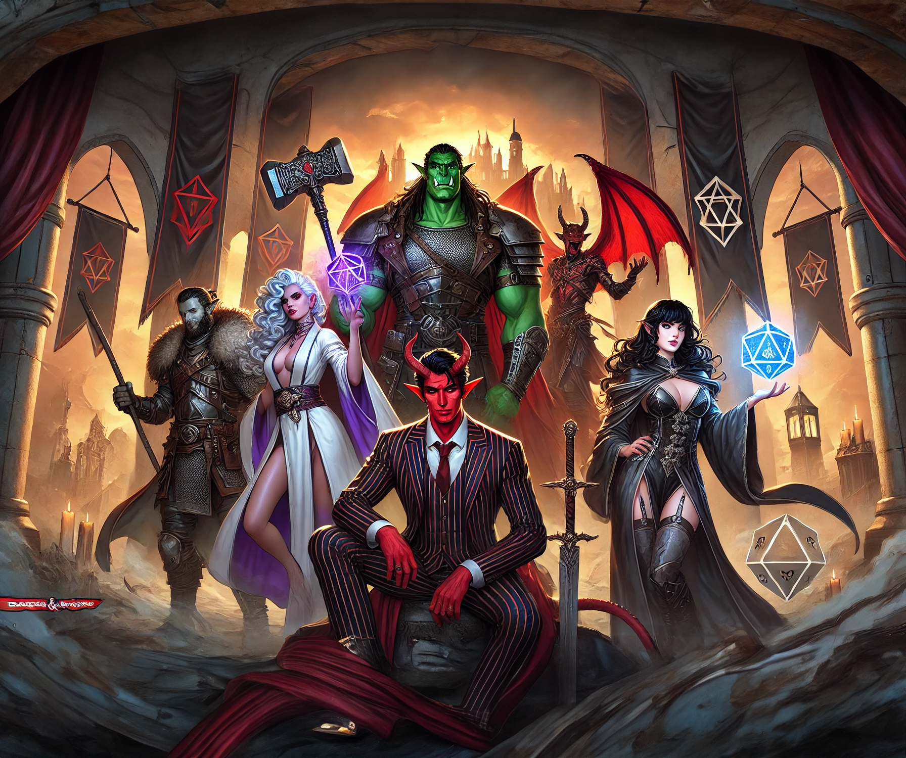 Fantasy characters including a large green orc, two demons with red and black wings, a devil with red skin and horns, a vampire woman, a wizard woman, and a human man dressed as a devil on a throne in a dark castle with lit torches and floating dice.