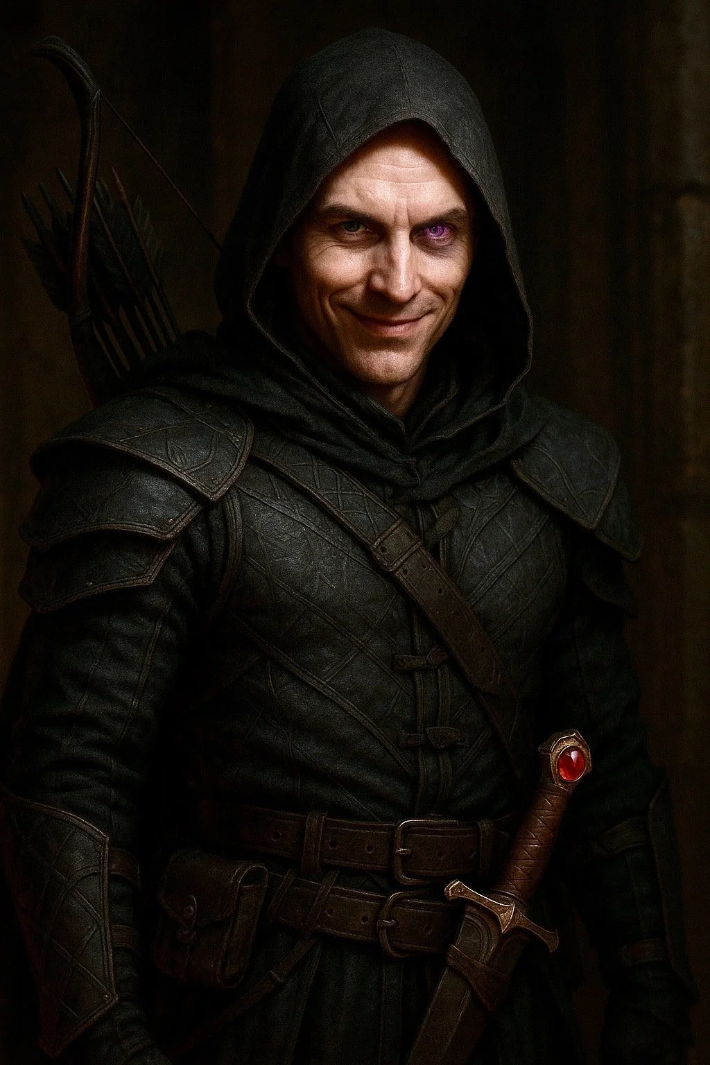 A man dressed as an archer in dark medieval-style armor, wearing a hood, with a quiver of arrows on his back and a sword at his waist, smiling with a mischievous expression.