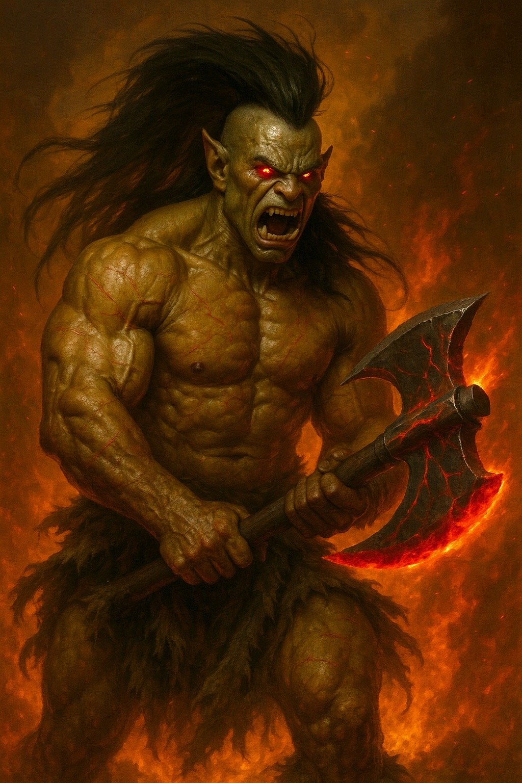 A fierce-looking orc with glowing red eyes, muscular build, and long black hair, wielding a large, fiery axe amidst flames.
