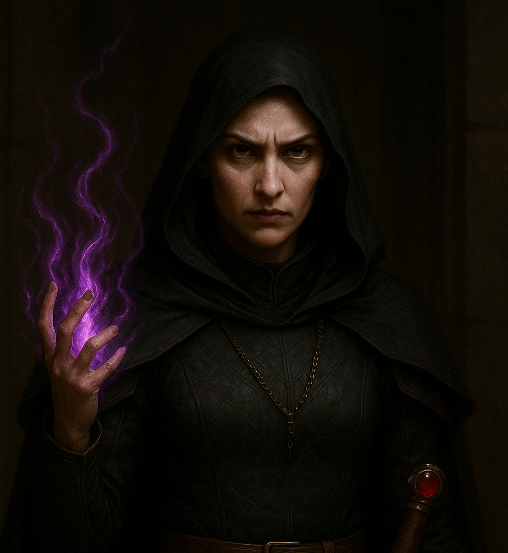 A woman dressed as a dark sorceress with a black hooded cloak, holding purple magical energy in her hand, and a staff with a red gem.