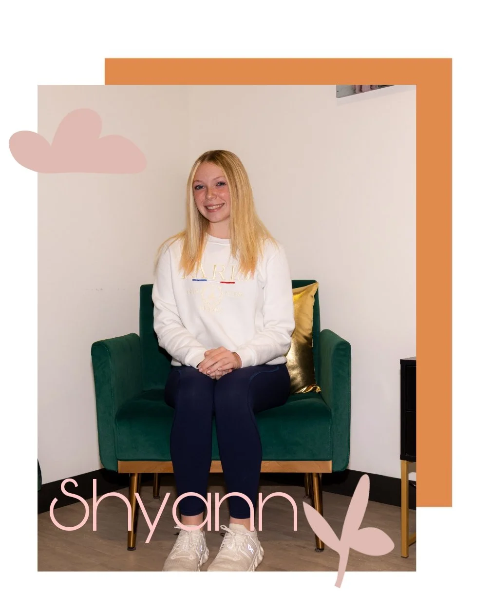 A young girl with blonde hair sitting on a green velvet armchair, smiling at the camera, with a gold pillow behind her. The image is decorated with pastel pink and orange graphic elements, including a cloud and a butterfly, and has the name 'Shyanne' written in pink at the bottom.
