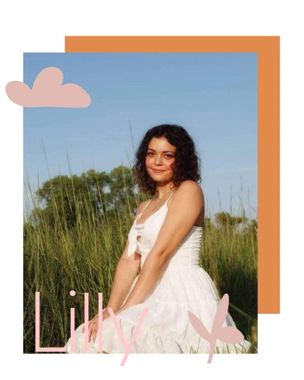 Young woman sitting in tall grass outdoors with trees and blue sky in the background, wearing a white dress, with the word "Lily" and a butterfly graphic overlaid on the image.