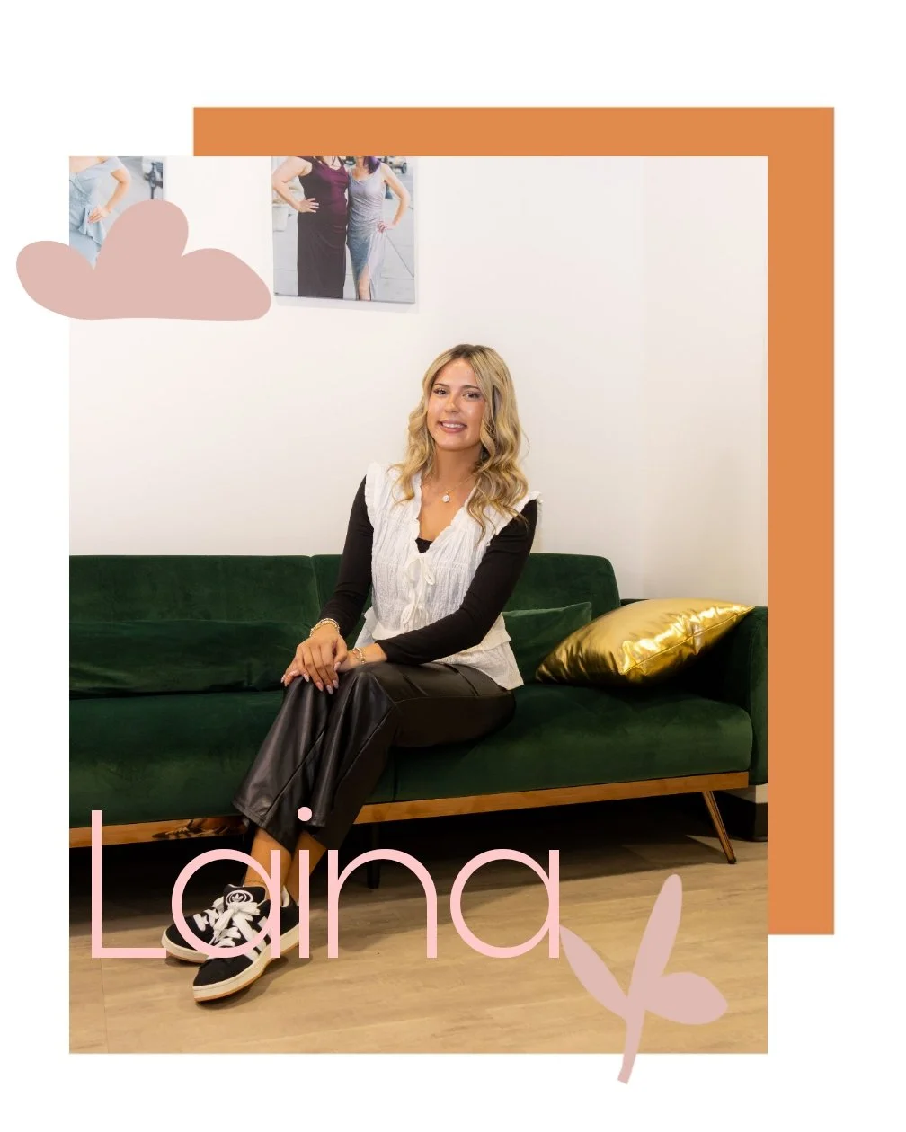 A woman sitting on a green sofa in a room, smiling at the camera, with a gold pillow on the sofa behind her. There are two photos on the wall and decorative shapes and the text 'Lina' with a butterfly in the image.