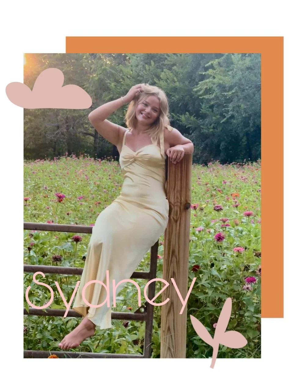 A young woman in a light yellow dress sitting on a wooden railing in a field of pink and purple flowers, smiling with her hand on her head, with green trees in the background and a sun flare on the upper left corner. The word 'Sydney' and a butterfly illustration are overlaid on the image.