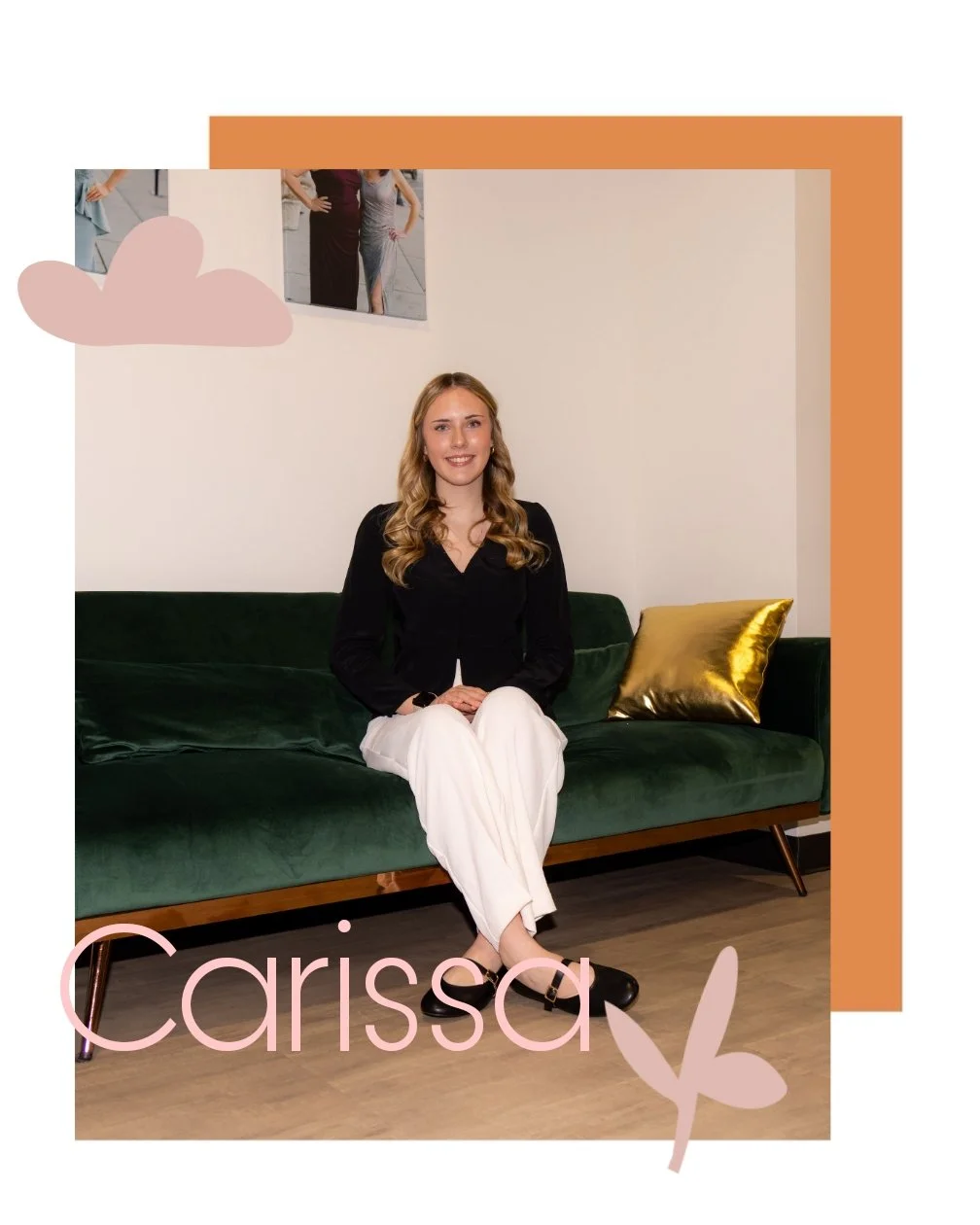 A young woman with long blonde hair sitting on a green velvet sofa, smiling, in a room with white walls. There is a gold pillow on the sofa and photo prints on the wall behind her. The image has overlay graphic elements, including the name 'Carissa' and decorative shapes.