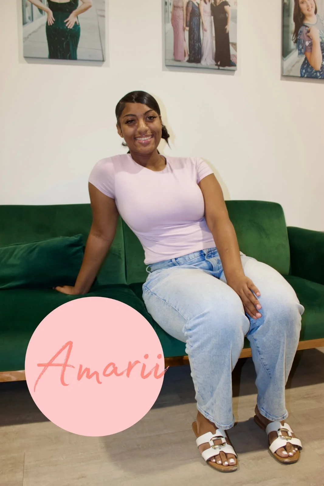 A young woman walking on a rural road with trees on both sides, wearing a white strapless top and ripped jeans, with the word 'Amary' and decorative elements overlaid on the image.
