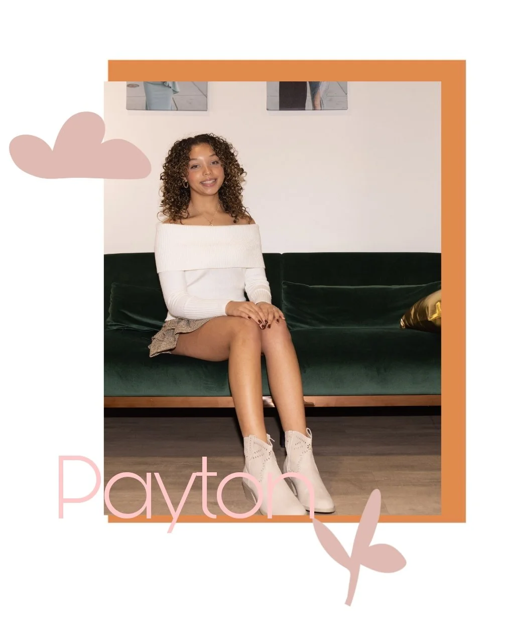 A young woman with curly hair sitting on a dark green sofa, smiling at the camera. She is wearing a white off-the-shoulder sweater, a patterned skirt, and white ankle boots. The background features a white wall with framed photos, and there are pink and beige graphic elements with the name 'Payton' on the image.