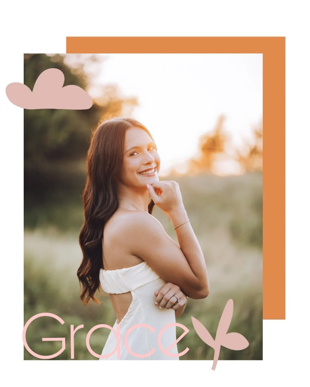 A young woman with long, wavy brown hair smiling outdoors at sunset, with trees and warm sunlight in the background, surrounded by abstract pink and brown shapes, and the word "Grace" written in pink at the bottom with a small leaf graphic.