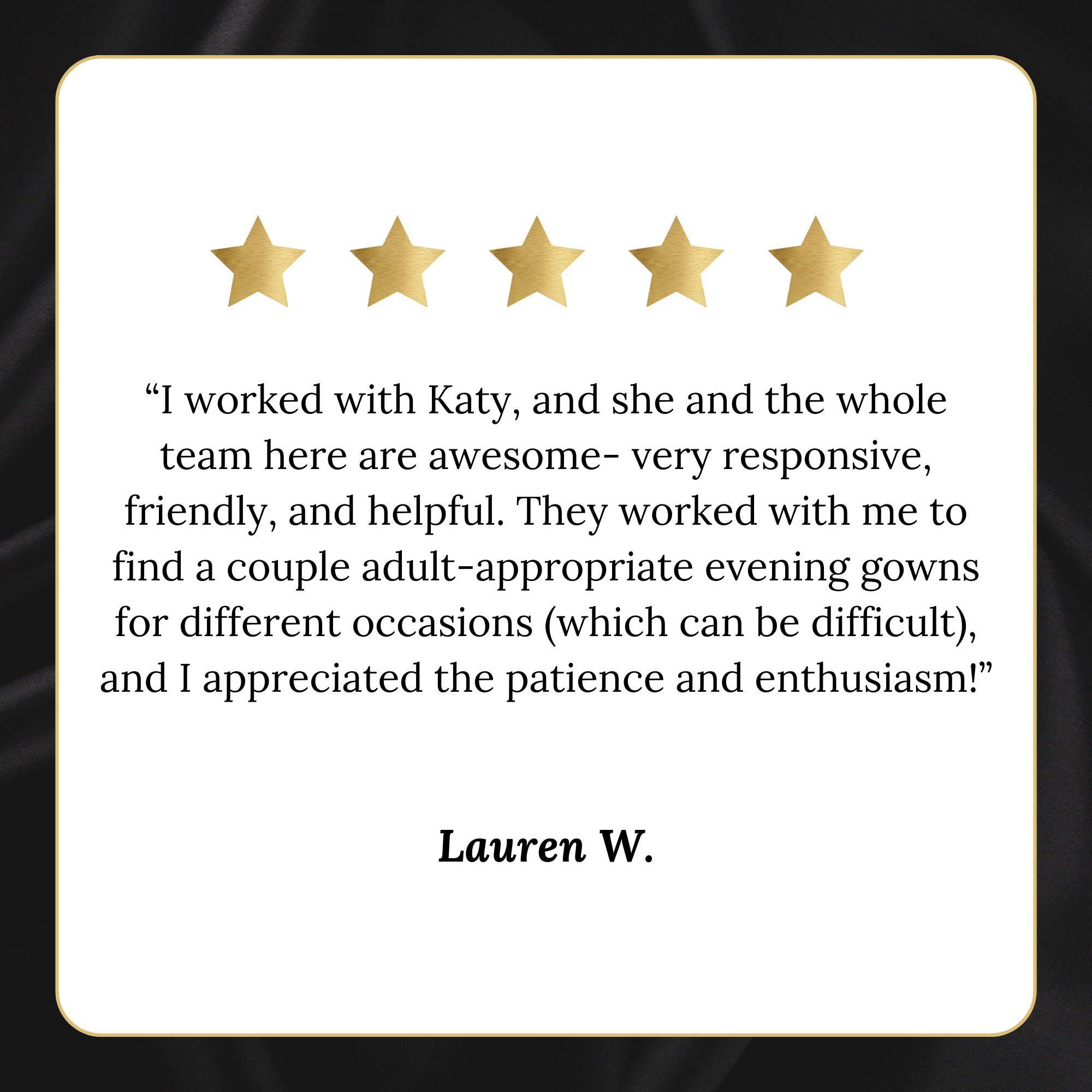 A white card with a gold rounded border and five gold stars at the top. Below is a quote praising Katy and her team.