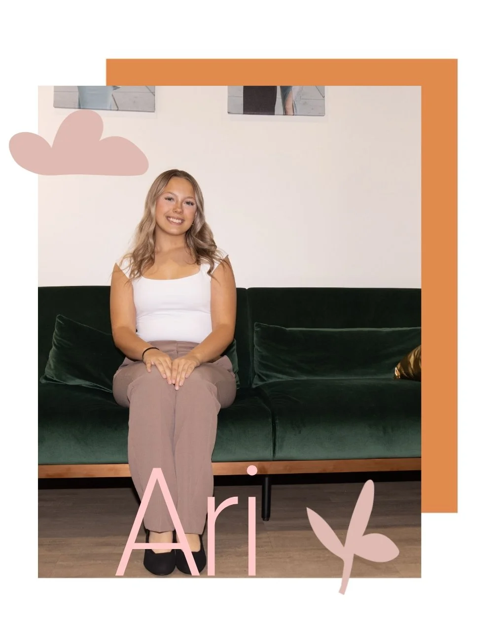 A young woman with light brown, wavy hair sitting on a dark green velvet sofa against a plain white wall, smiling at the camera. The photo has decorative overlays, including a pink cloud, an orange rectangle, and the name 'Ari' with a small pink butterfly or leaf.