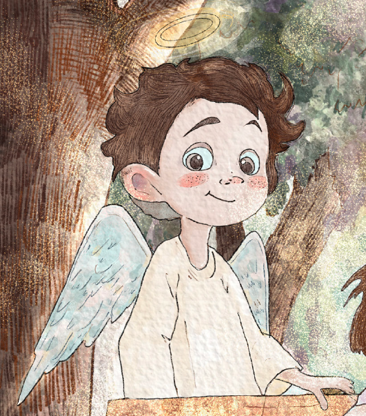 A cartoon angel with curly brown hair, big blue eyes, and a gentle smile, wearing a white robe and possessing light blue wings, standing in a wooded area with a halo above their head.