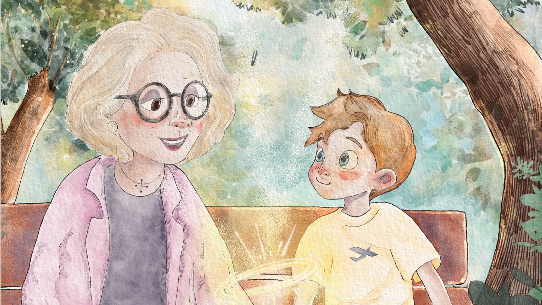 An illustrated scene featuring a woman with glasses and curly blonde hair talking to a young boy with brown hair. They are sitting on a bench under trees, and there is a glowing, magical object between them.