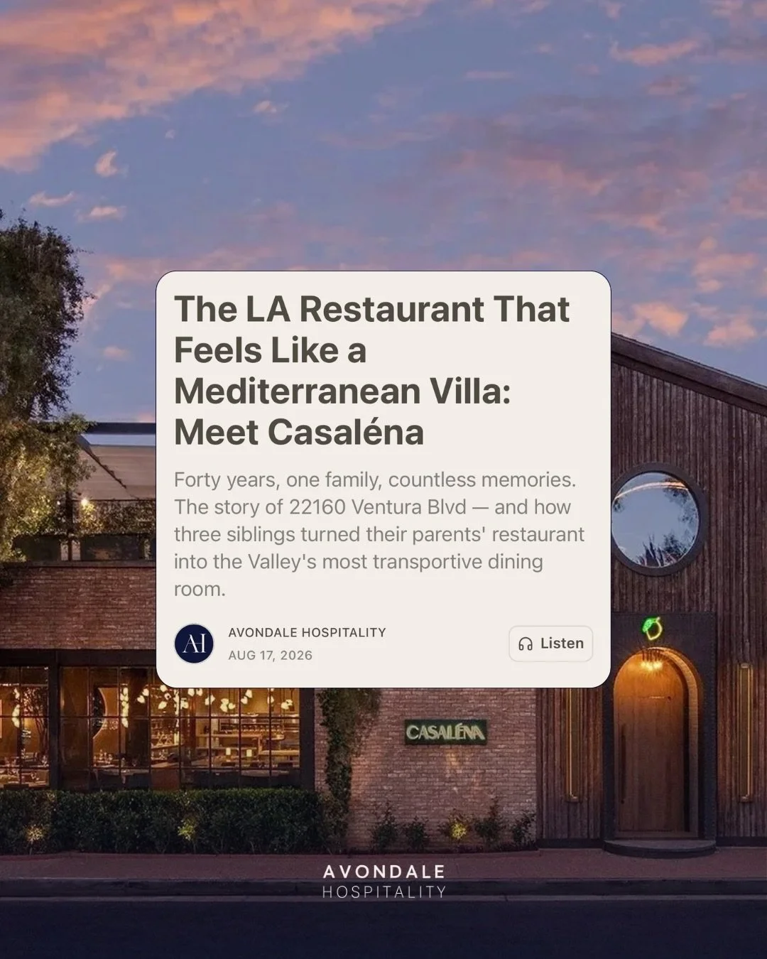 New on The LA Edit 📰 Read the story of 22160 Ventura Blvd and how three siblings turned their parents&rsquo; restaurant into Casal&eacute;na at the link in our bio!

#substack #losangeles #woodlandhills #casalena #larestaurants