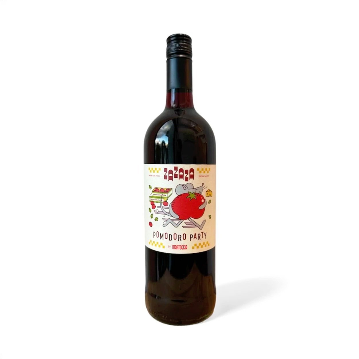 A dark brown glass bottle of wine with a colorful label featuring a cartoon tomato and a shopping cart, labeled "Pomodoro Party" by Martoccia.
