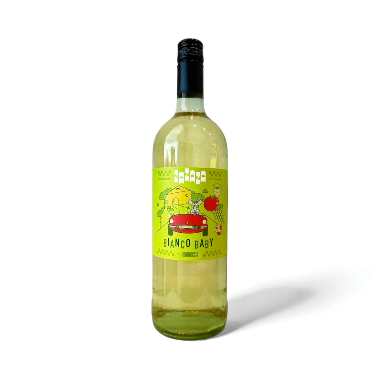 A bottle of Blanco Baby white wine with a bright green label featuring cartoon illustrations of a car, a mouse, fruit, and cheese.