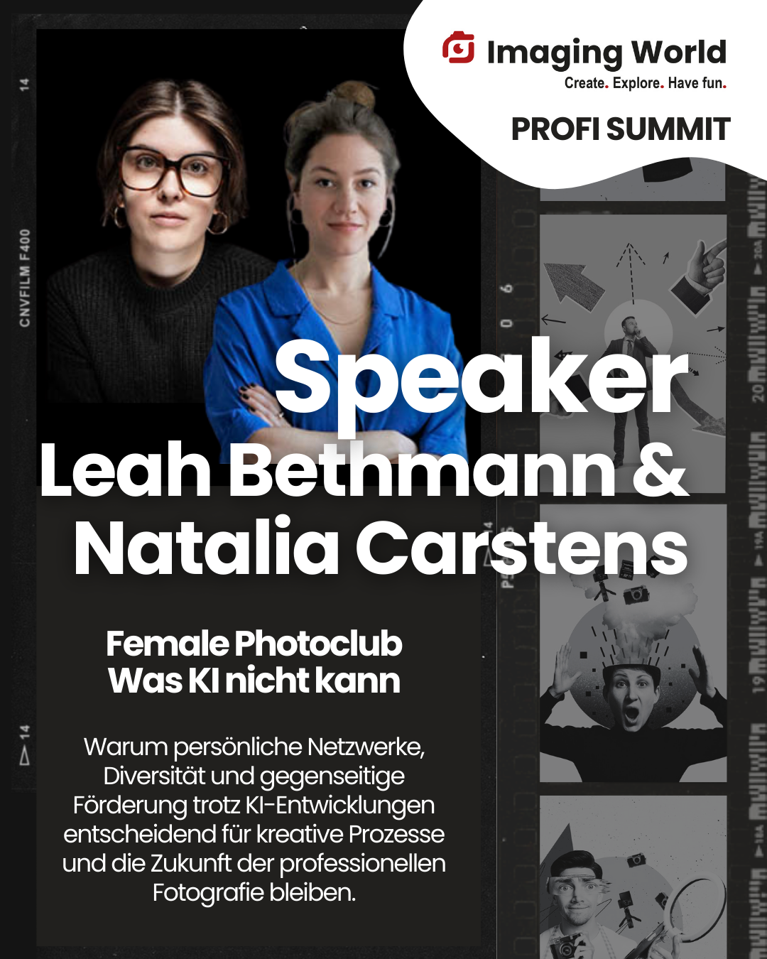 Flyer für eine Konferenz mit Fotos von zwei Frauen, die Sprecher Leah Bethmann und Natalia Carstens sind, inklusive Titel und Thema der Veranstaltung auf Deutsch.