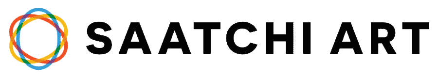 Logo mit bunten, ineinander verschlungenen Kreisen und dem Text 'SAATCHI ART' in schwarzer Schrift.