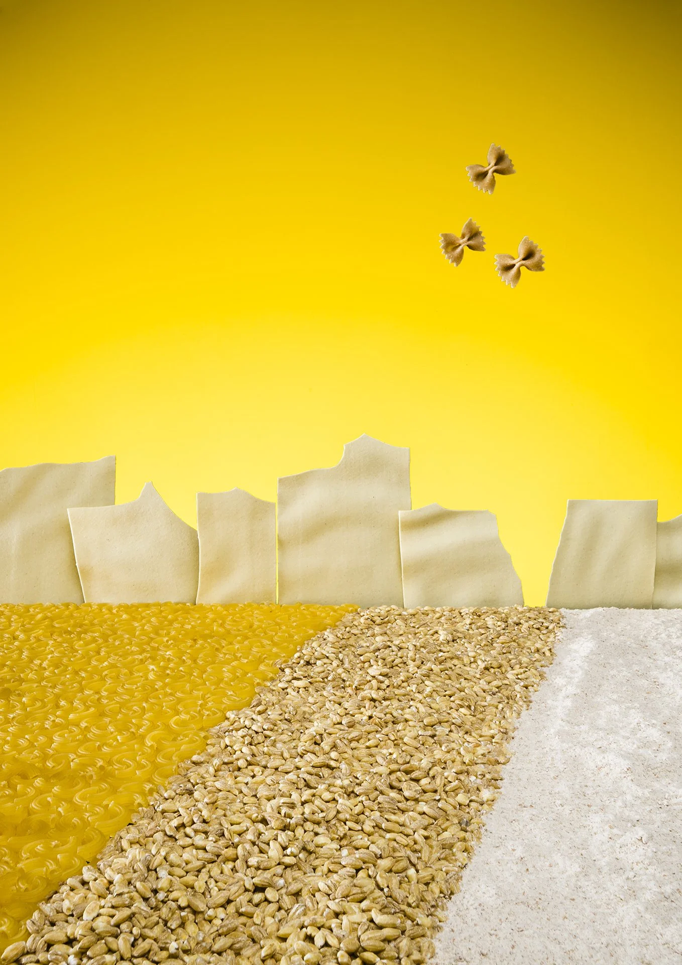 Nahaufnahme verschiedener Pasta- und Getreidesorten auf einer gelben Hintergrund, darunter geriebener Parmesan, ungekochte Fusilli, Semmelbrösel und Meersalz.