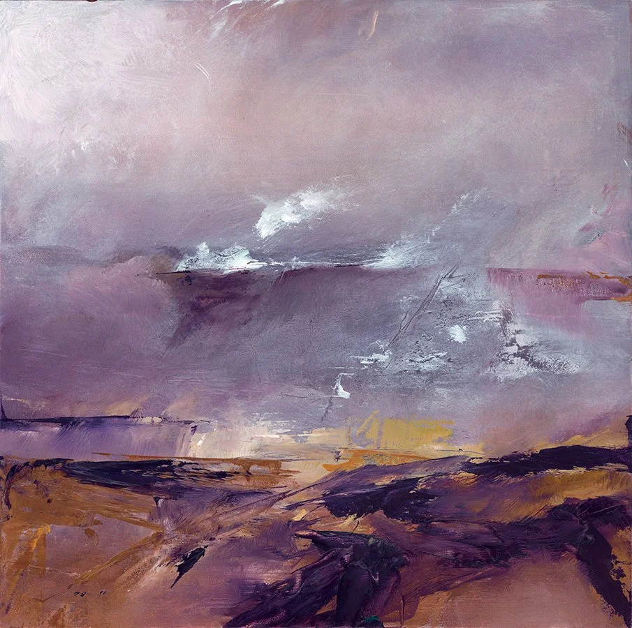 Abstract landscape painting with purple, pink, and brown tones, depicting a cloudy sky over distant hills.