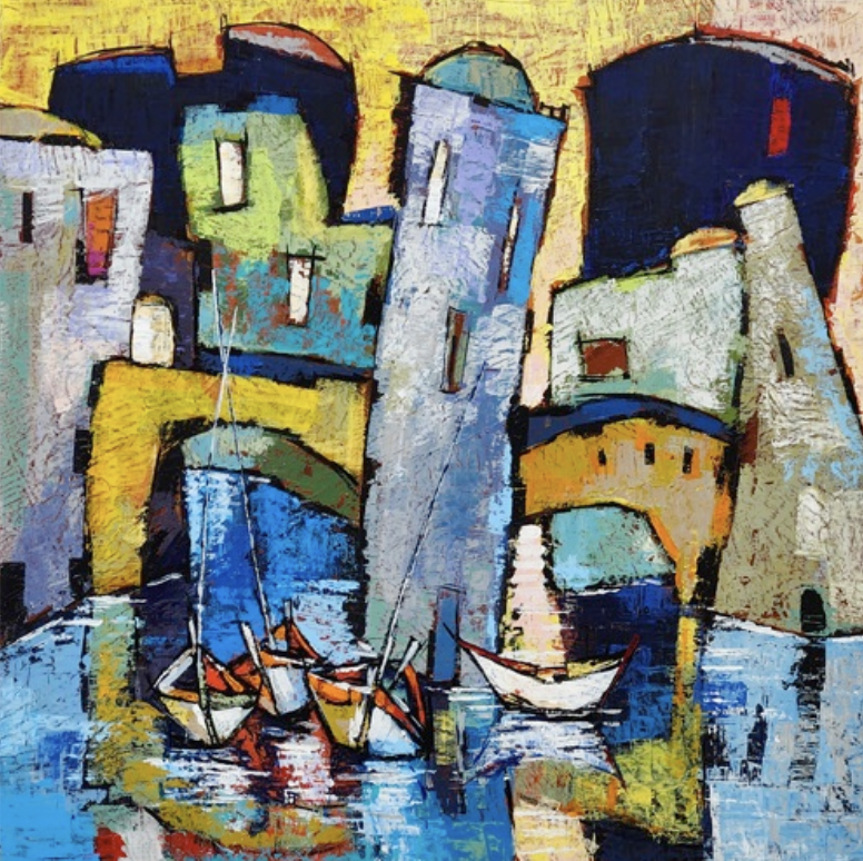 Abstract painting of colorful buildings and boats on water with a yellow sky.