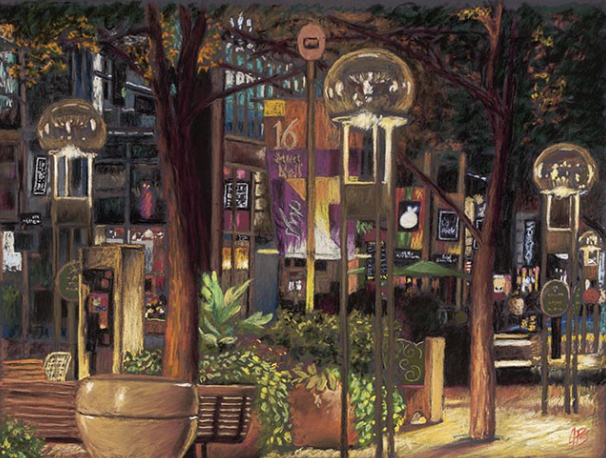 Painting of an urban park scene at night, illuminated by street lamps, with trees, benches, plants, and buildings with colorful signs and windows in the background.