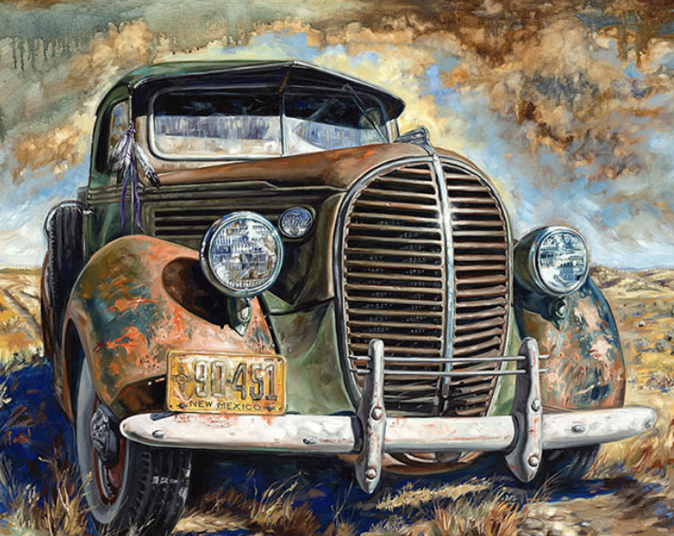 Painting of an old rusted vintage car with a New Mexico license plate, parked in a field under a partly cloudy sky.