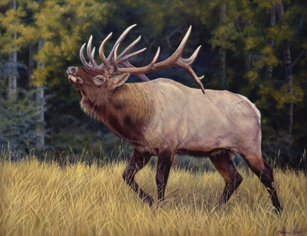 An artistic painting of a majestic elk with large antlers standing in a grassy field with trees in the background.