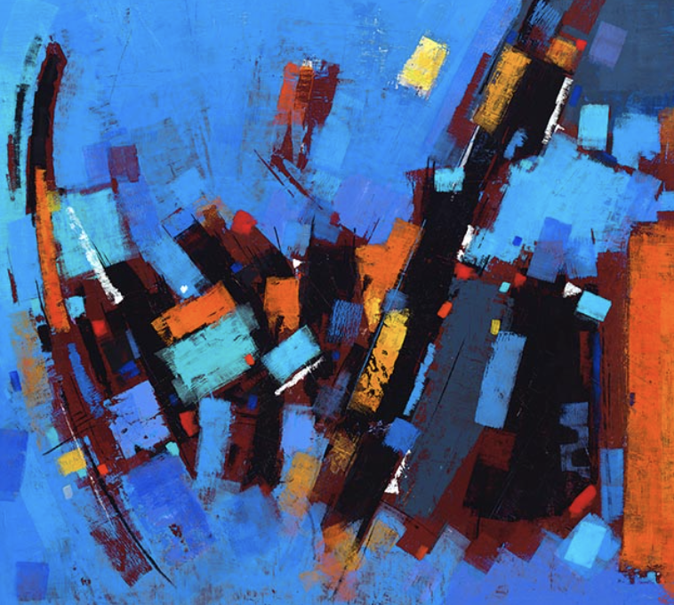 An abstract painting with bold strokes of blue, black, red, yellow, and orange colors.