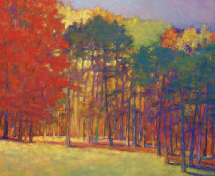 Impressionist painting of a forest in autumn with colorful trees in red, yellow, green, and purple hues.