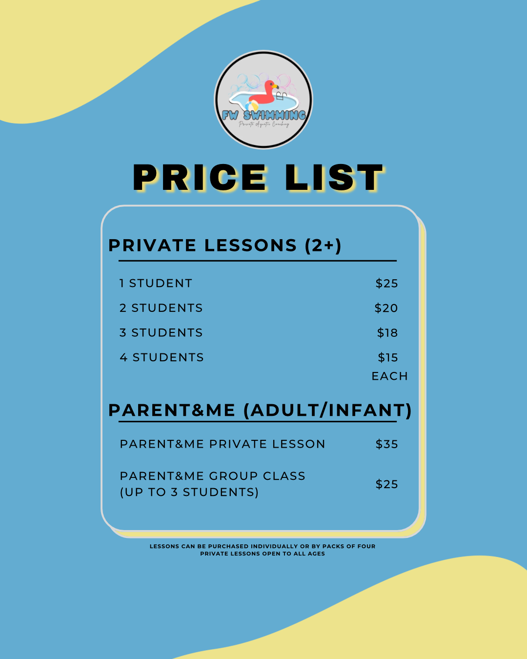 Pricing list for swimming lessons featuring private lessons for 1 to 4 students and group classes for parents and children, with prices indicated.