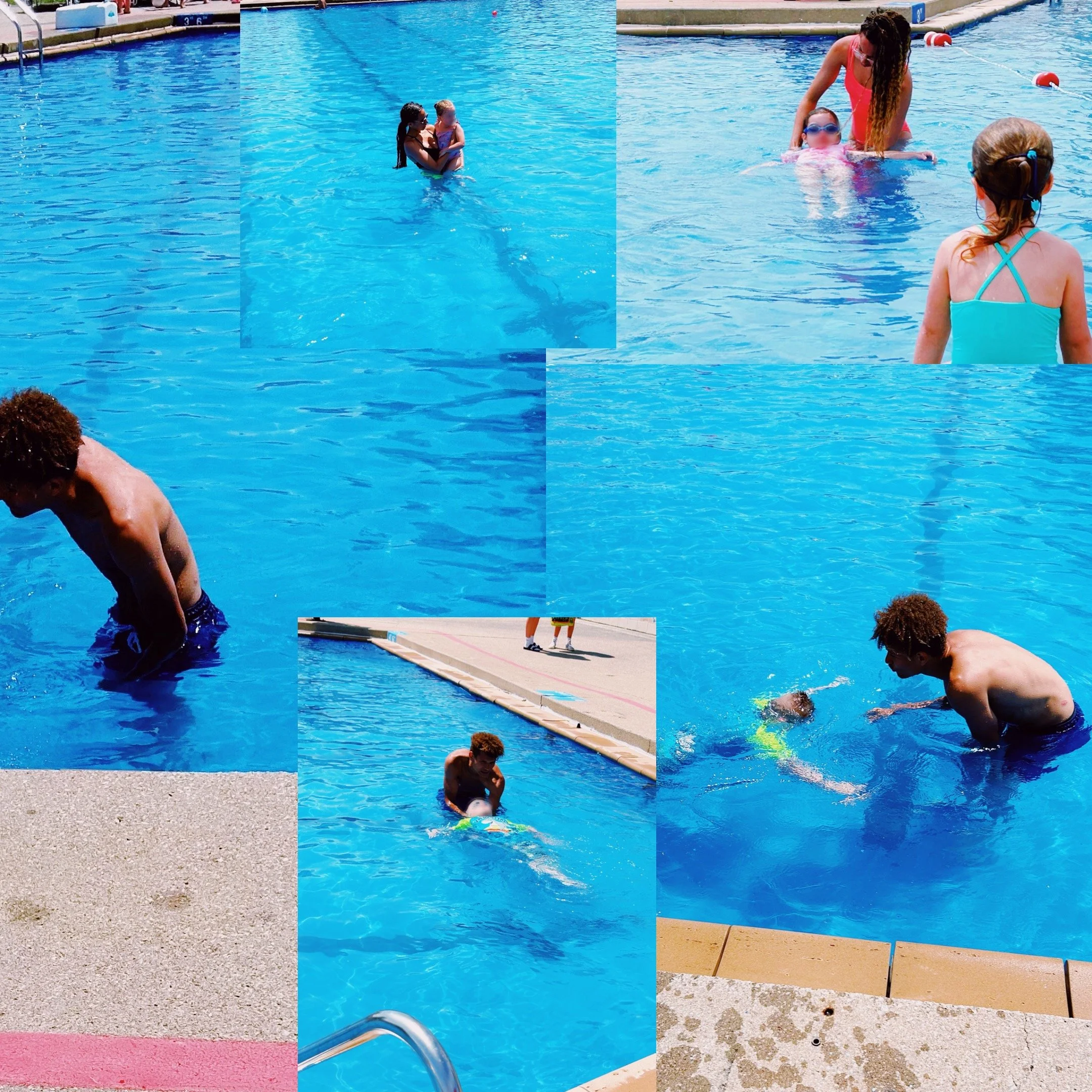 Children playing and swimming in a bright blue outdoor pool with adults supervising.