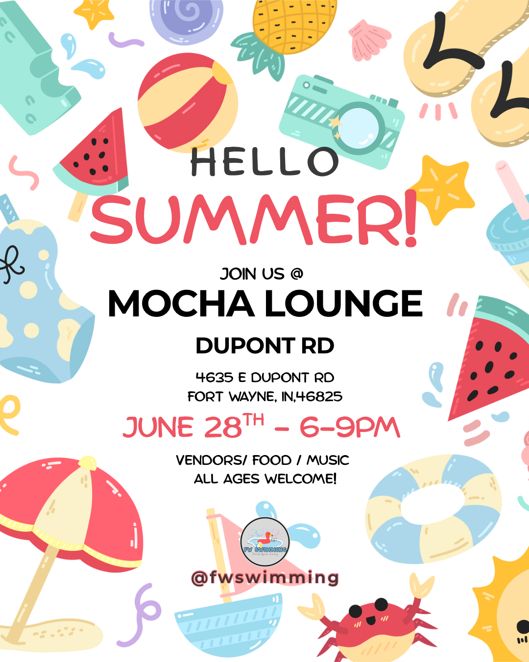 Colorful summer event flyer with illustrations of watermelon, beach ball, umbrella, starfish, crab, sand, lifebuoy, and sea shells, with text announcing a summer event at Mocha Lounge on June 28th.
