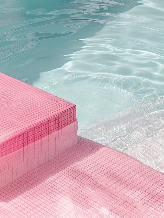 Swimming pool with pink tiled steps and clear water.
