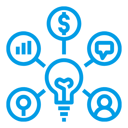 Graphic of a central lightbulb with lines connecting to icons for data, dollar sign, chat bubble, magnifying glass, and user.