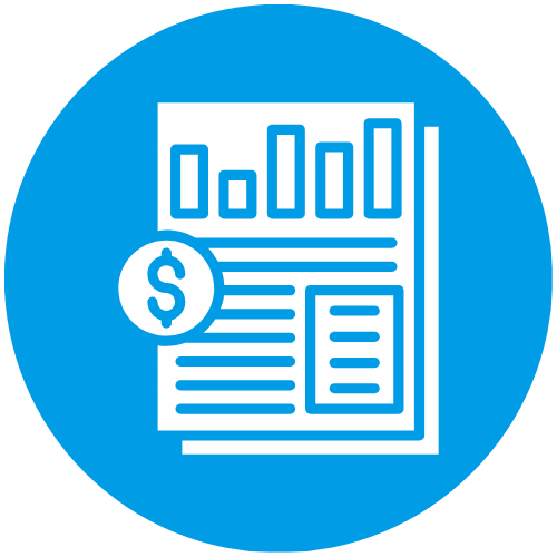 Icon of financial data with stacked bar chart, dollar symbol, and document to represent financial reports or analysis.
